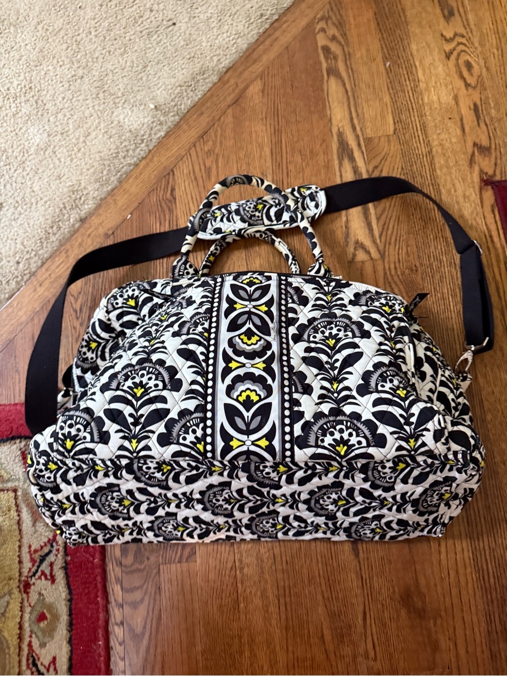 Vera Bradley Black & White Floral Travel Weekender with Yellow Highlights